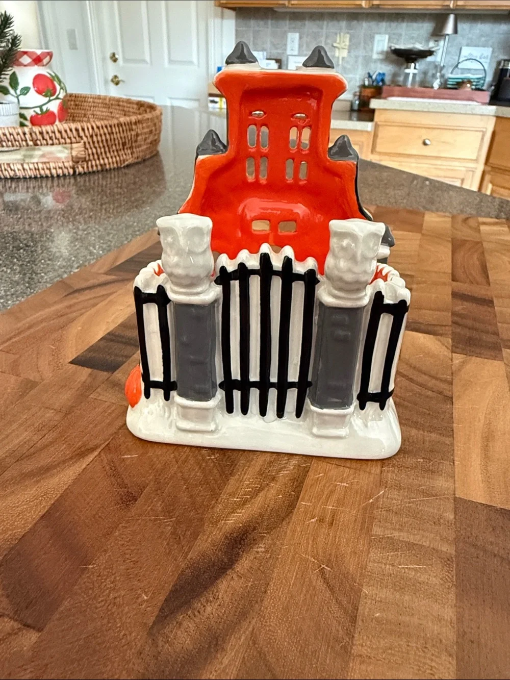 Ceramic Haunted House Lantern - Orange, Gray & White